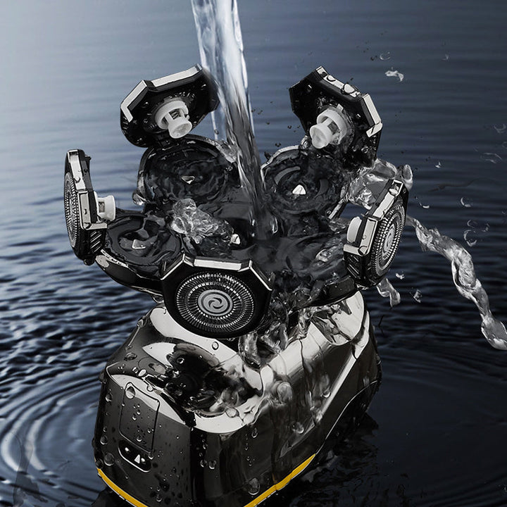 "Sexbladig elektrisk rakapparat för män med ergonomisk design, svart färg, nära rakning, 6D flytande huvud."