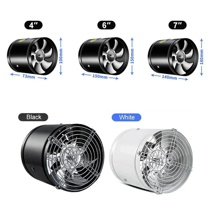 SilentForce Fläkt - Modern design, tyst drift, effektiv ventilation, svart/vit, kompakta mått för hemmet.