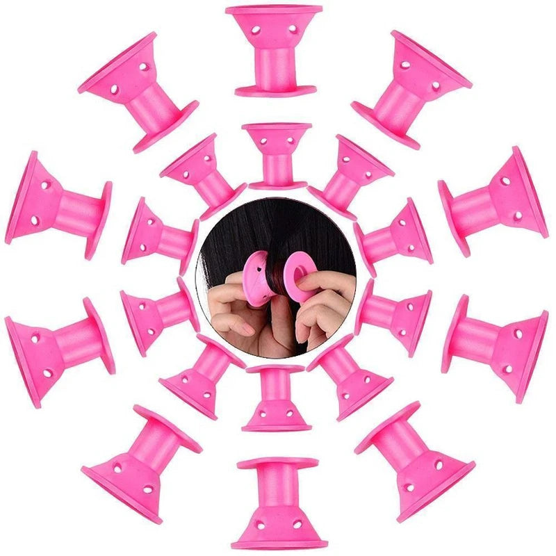 "Silikon hårrullar, ljusblå och rosa, på vit bakgrund för enkel och bekväm styling av lockigt hår utan värmeskada."