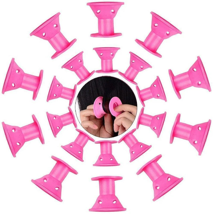 "Silikon hårrullar, ljusblå och rosa, på vit bakgrund för enkel och bekväm styling av lockigt hår utan värmeskada."