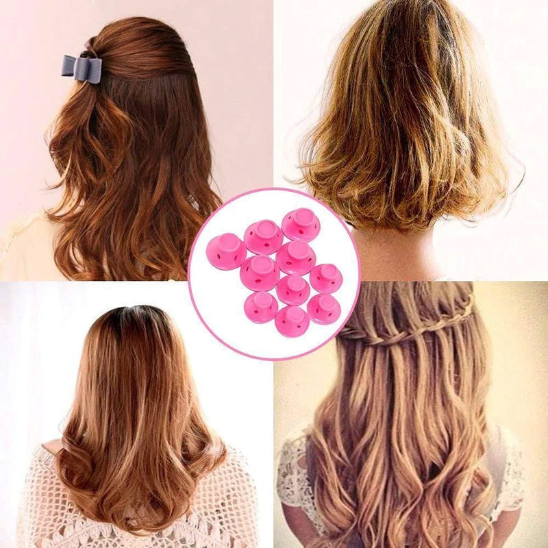 "Silikon hårrullar, ljusblå och rosa, på vit bakgrund för enkel och bekväm styling av lockigt hår utan värmeskada."