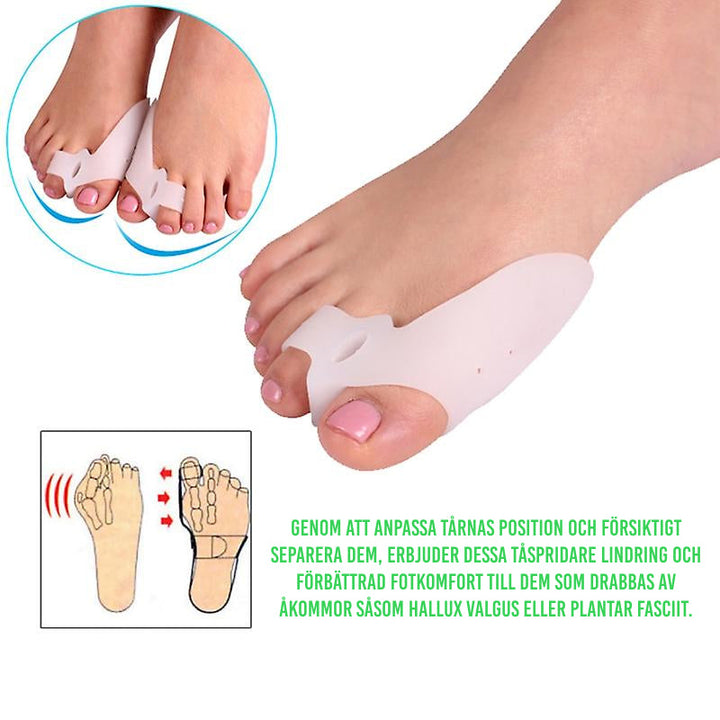 Silikon tåspridare för Hallux Valgus, diskret design, flexibel och ergonomisk för daglig komfort och smärtlindring.