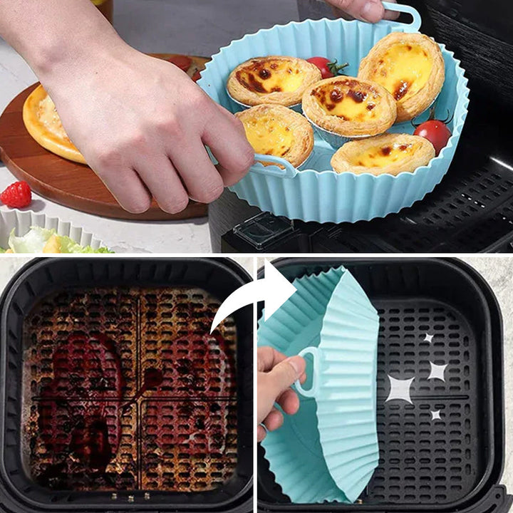 "Silikonbakplåt för Airfryer, återanvändbar, non-stick, flerfärgad. Mått: 20x17,5x5 cm. Perfekt för bekväm matlagning."