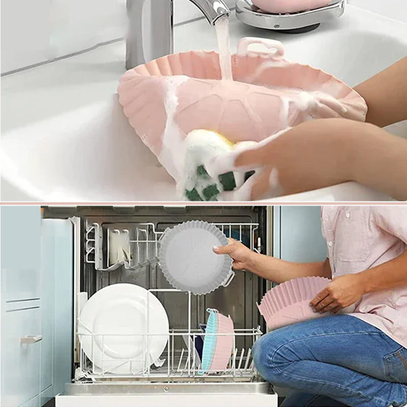 "Silikonbakplåt för Airfryer, återanvändbar, non-stick, flerfärgad. Mått: 20x17,5x5 cm. Perfekt för bekväm matlagning."