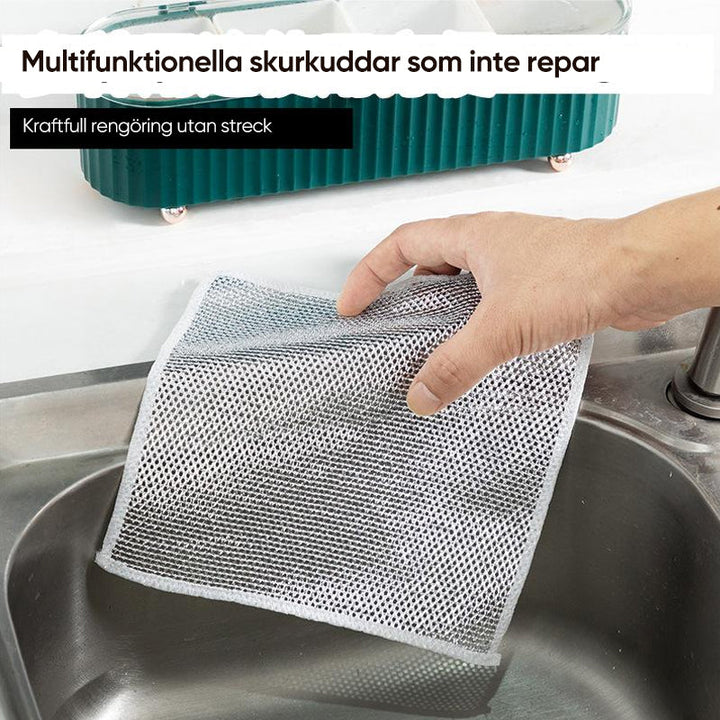 "Silvriga tråddisktrasor för kök, kraftfull rengöring, metalltråd, diamantmönster, absorberande, våt och torr användning."