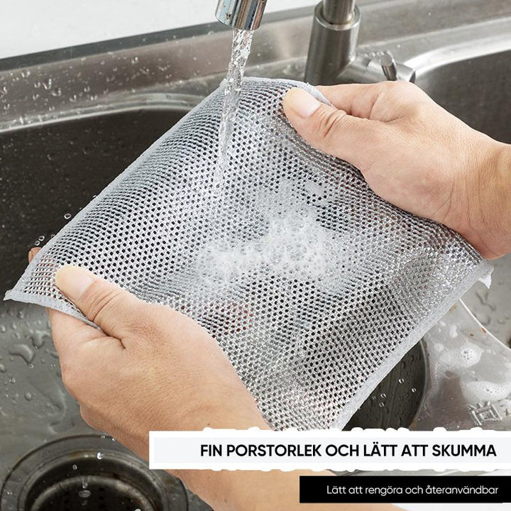 "Silvriga tråddisktrasor för kök, kraftfull rengöring, metalltråd, diamantmönster, absorberande, våt och torr användning."