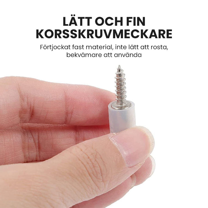 "Självgängande skruvar i metall för skåp och laminat, slitstarka med dammtäta överdrag, enkel installation."
