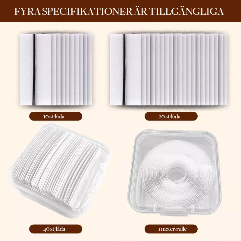 "Självhäftande återanvändbara ögonfransar i närbild, visar elastisk remsa och elegant form, ideal för daglig makeup."