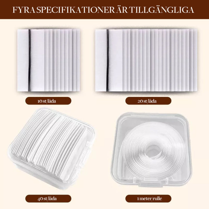 "Självhäftande återanvändbara ögonfransar i närbild, visar elastisk remsa och elegant form, ideal för daglig makeup."