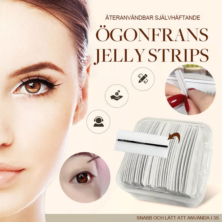 "Självhäftande återanvändbara ögonfransar i närbild, visar elastisk remsa och elegant form, ideal för daglig makeup."