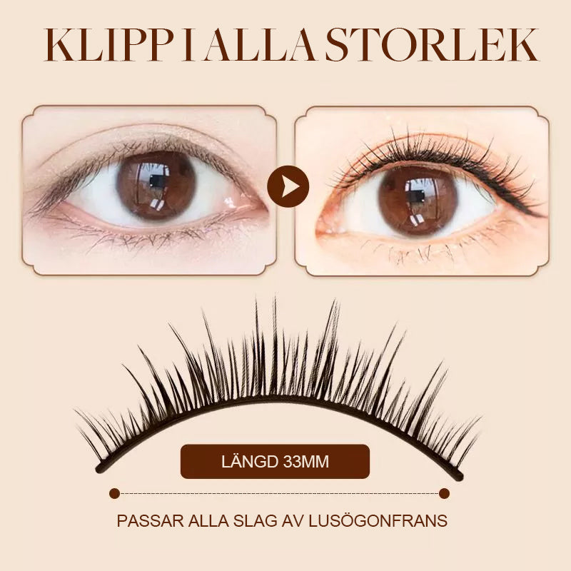 "Självhäftande återanvändbara ögonfransar i närbild, visar elastisk remsa och elegant form, ideal för daglig makeup."