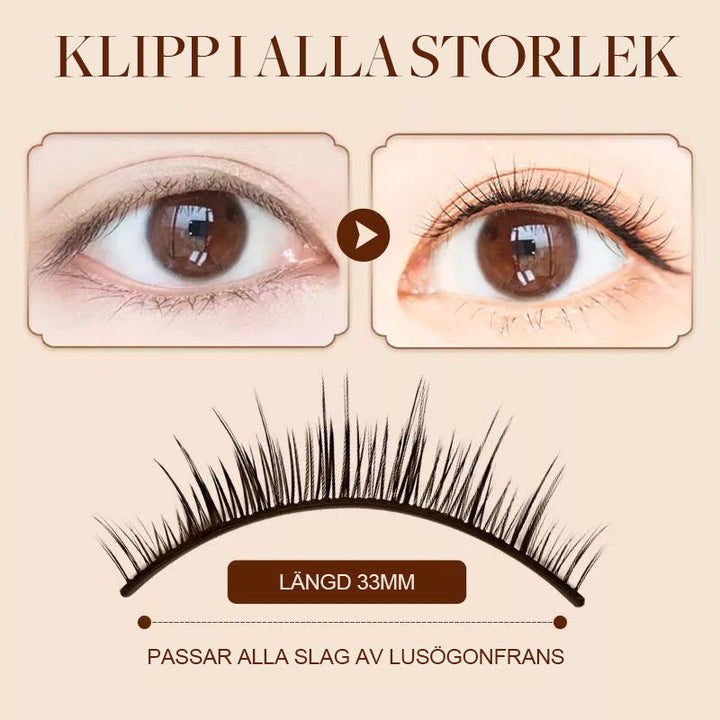 "Självhäftande återanvändbara ögonfransar i närbild, visar elastisk remsa och elegant form, ideal för daglig makeup."