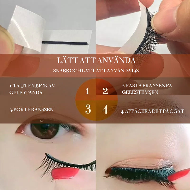 "Självhäftande återanvändbara ögonfransar i närbild, visar elastisk remsa och elegant form, ideal för daglig makeup."