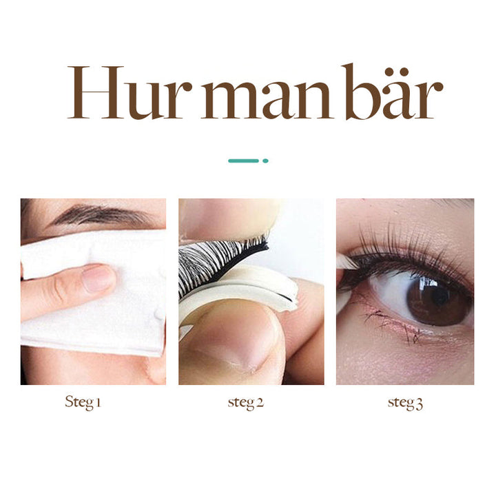 "Självhäftande återanvändbara ögonfransar i närbild, visar elastisk remsa och elegant form, ideal för daglig makeup."