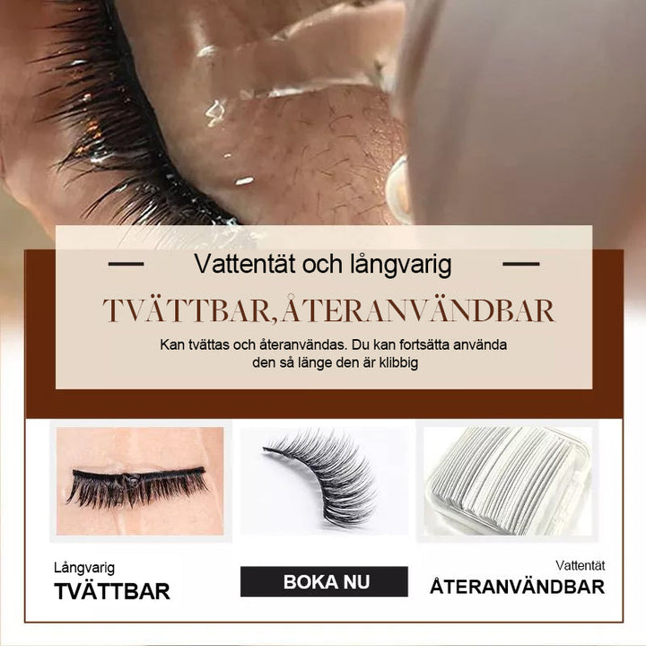 "Självhäftande återanvändbara ögonfransar i närbild, visar elastisk remsa och elegant form, ideal för daglig makeup."
