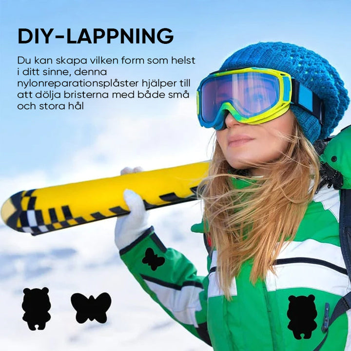 "Självhäftande reparationslappar för vinterjackor i olika färger, perfekt för att snabbt och enkelt reparera jackor."