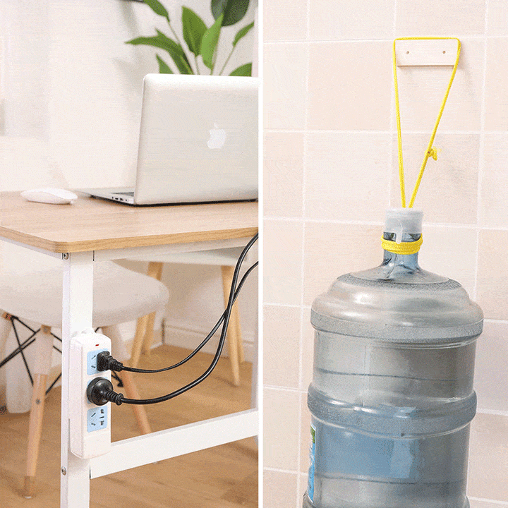 "Självhäftande stansfri sockelhållare, vit, universell för olika ytor, ingen skada vid montering, minimalistisk design."