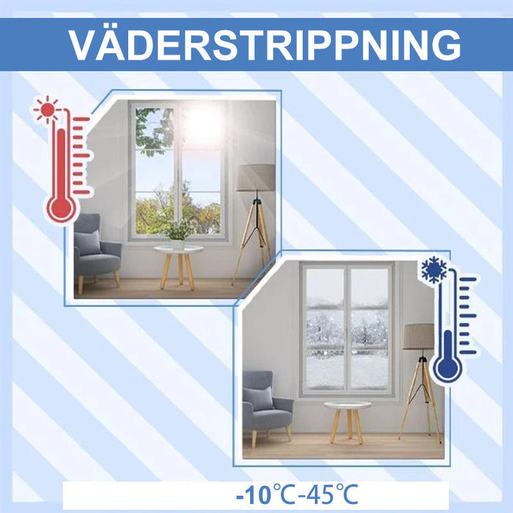 "Självhäftande vädertätningslist för dörrar och fönster, vit, ljudisolering, damm- och insektsblockerande i användning."