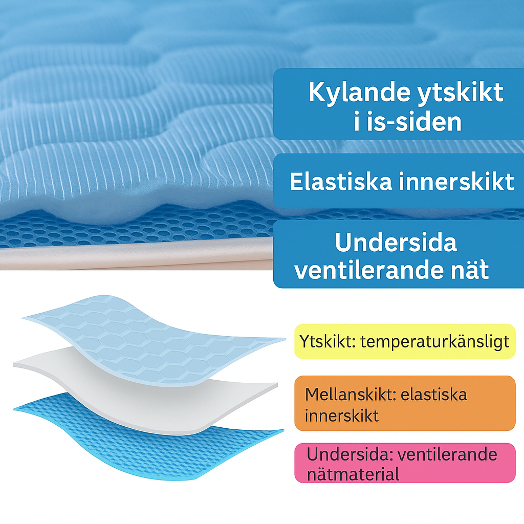 "Självkylande dyna för husdjur i blå färg med mjuka fibrer, perfekt för viloplatser både inomhus och utomhus."