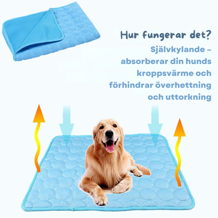 "Självkylande dyna för husdjur i blå färg med mjuka fibrer, perfekt för viloplatser både inomhus och utomhus."
