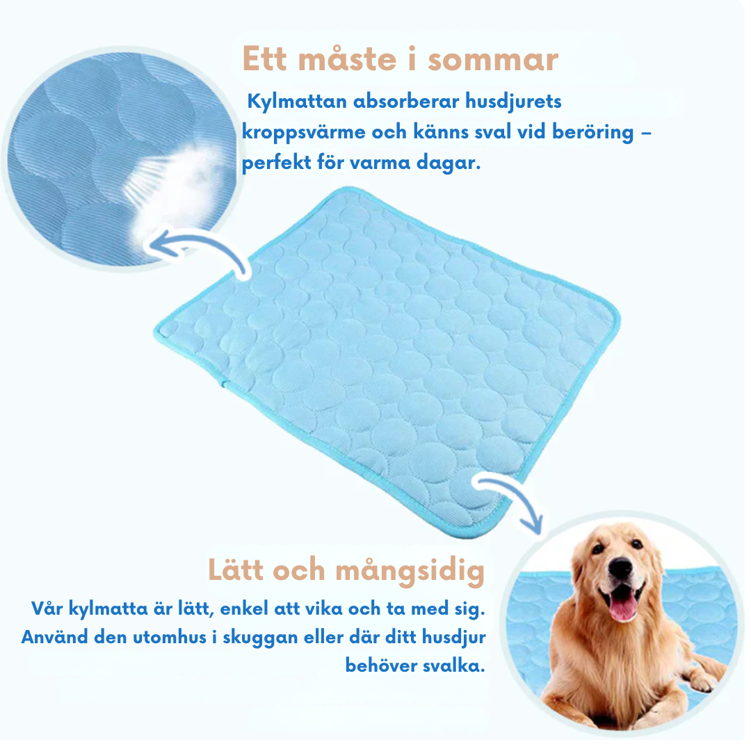 "Självkylande dyna för husdjur i blå färg med mjuka fibrer, perfekt för viloplatser både inomhus och utomhus."