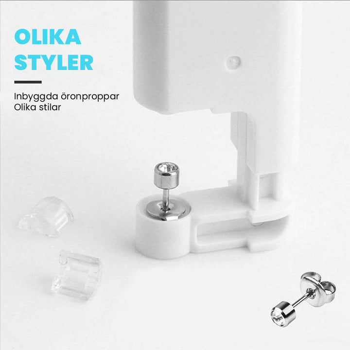 "Självpiercingsats i rostfritt stål med piercingpistol, örhängen och servett för öron och näsa, lämplig för hemmabruk."