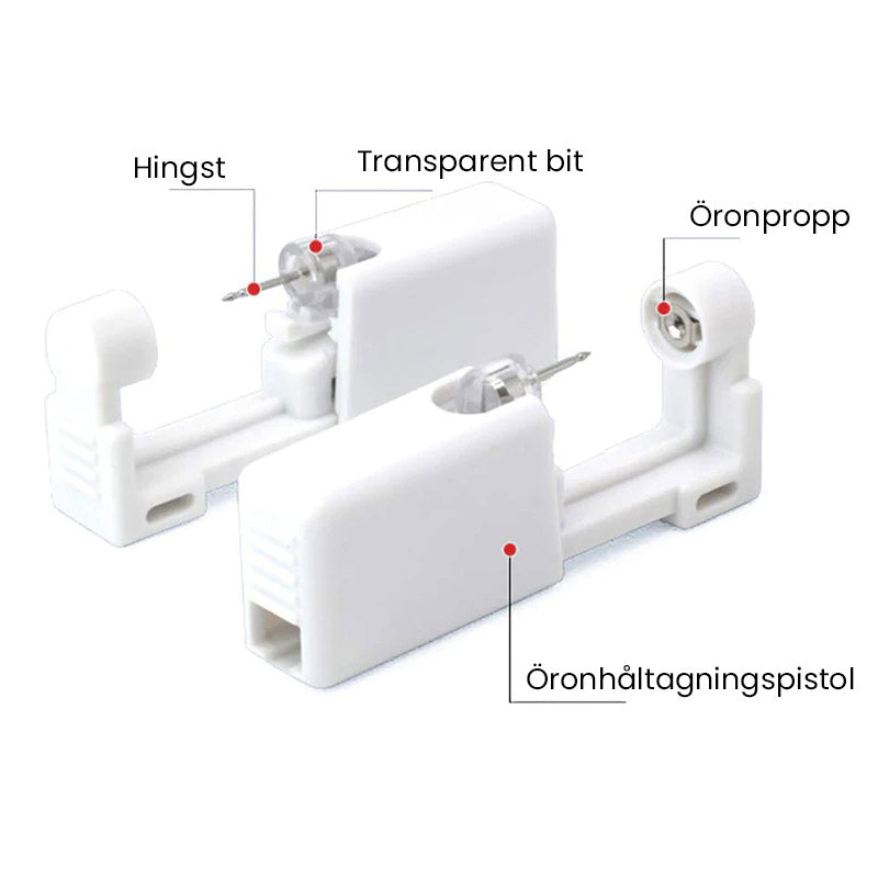 "Självpiercingsats i rostfritt stål med piercingpistol, örhängen och servett för öron och näsa, lämplig för hemmabruk."