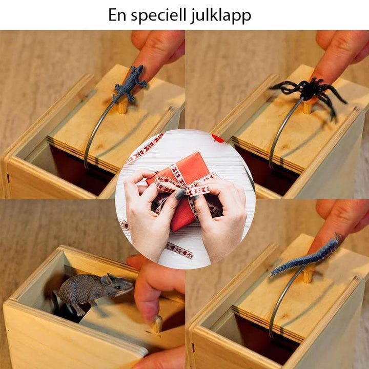 "Skämtlåda av trä med gummispindel, perfekt för prank och skratt, lämplig gåva för familj och vänner"