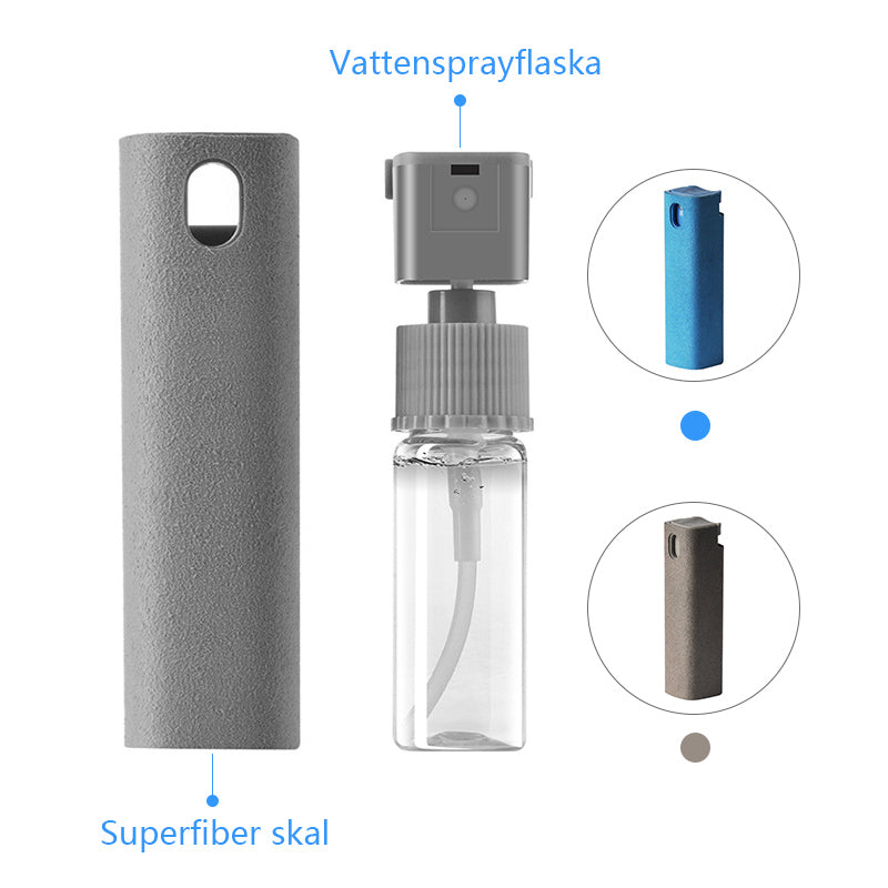"Skärmrengöringsflaska med blått mikrofibermaterial, bärbar design för rengöring av elektroniska skärmar effektivt."