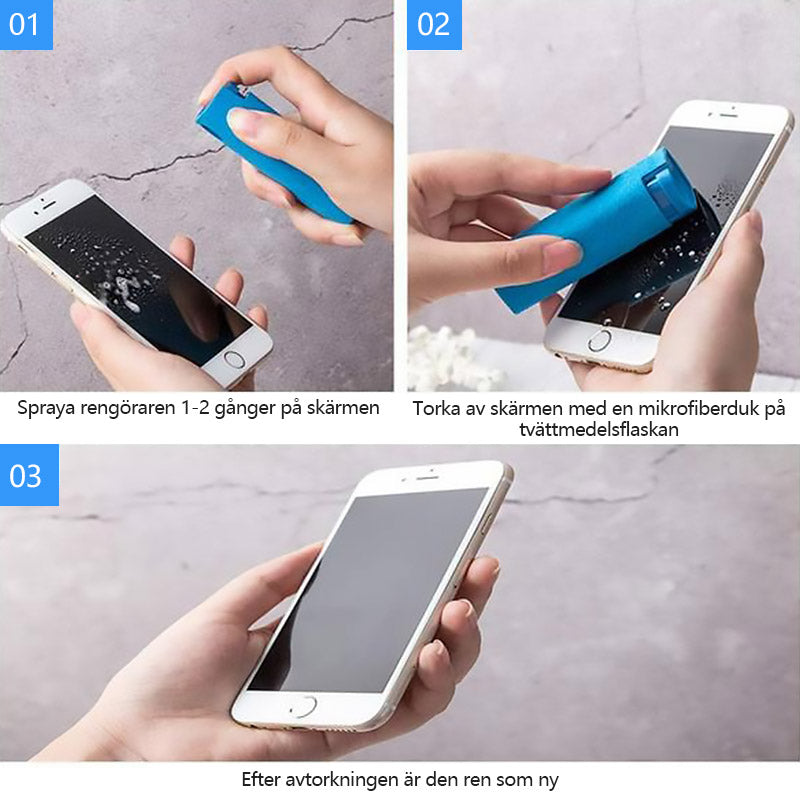 "Skärmrengöringsflaska med blått mikrofibermaterial, bärbar design för rengöring av elektroniska skärmar effektivt."