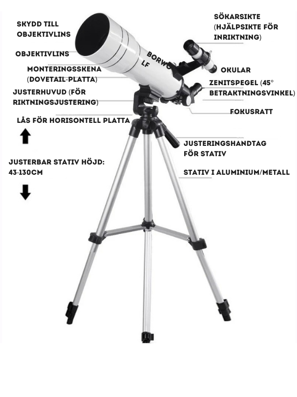 "Skarpt och flexibelt teleskop med 70 mm lins, 45° spegel, justerbart stativ och smartphone-anpassning för stjärnskådning."