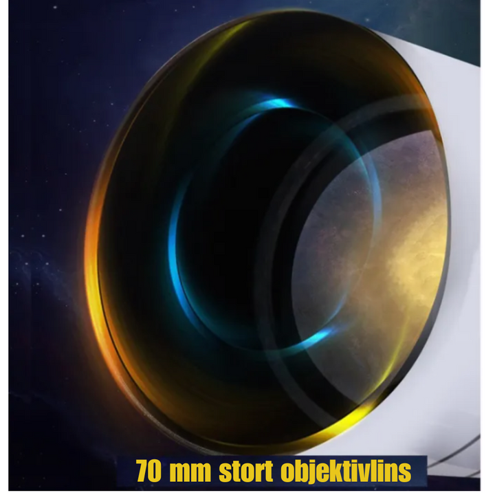 "Skarpt och flexibelt teleskop med 70 mm lins, 45° spegel, justerbart stativ och smartphone-anpassning för stjärnskådning."