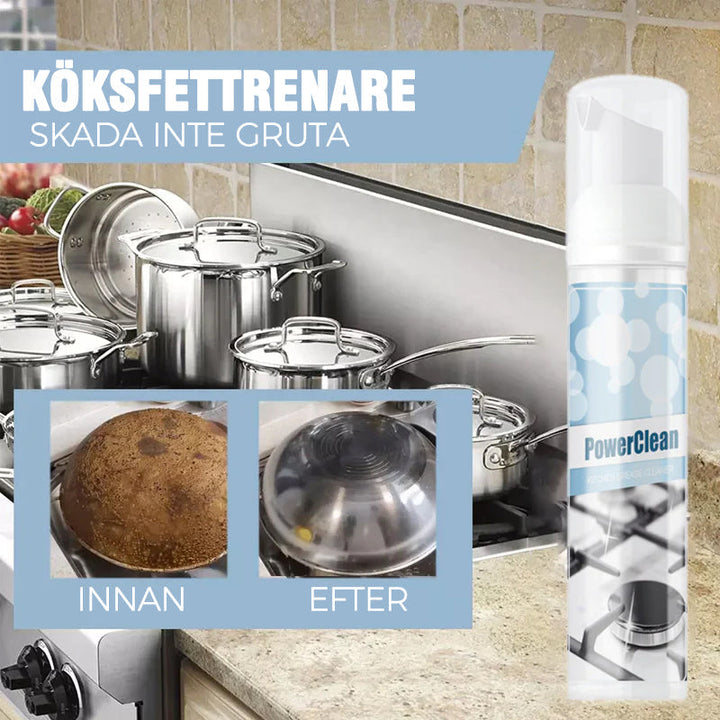 "Skummande rengöringsmedel för kökstvätt, grön flytande lösning i sprayflaska. Effektivt mot fett och fläckar."