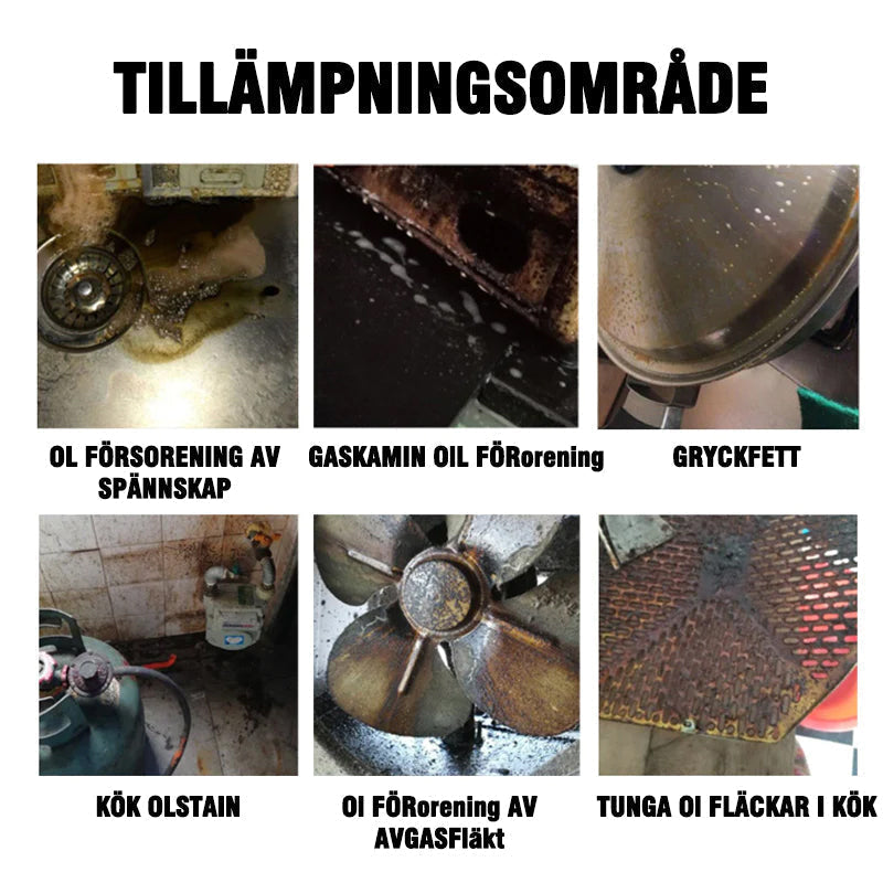 "Skummande rengöringsmedel för kökstvätt, grön flytande lösning i sprayflaska. Effektivt mot fett och fläckar."