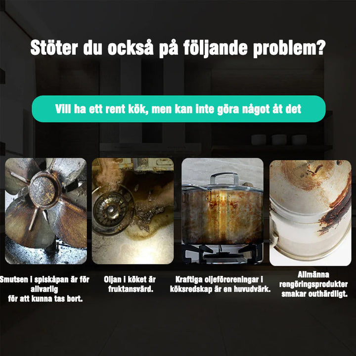 "Skummande rengöringsmedel för kökstvätt, grön flytande lösning i sprayflaska. Effektivt mot fett och fläckar."