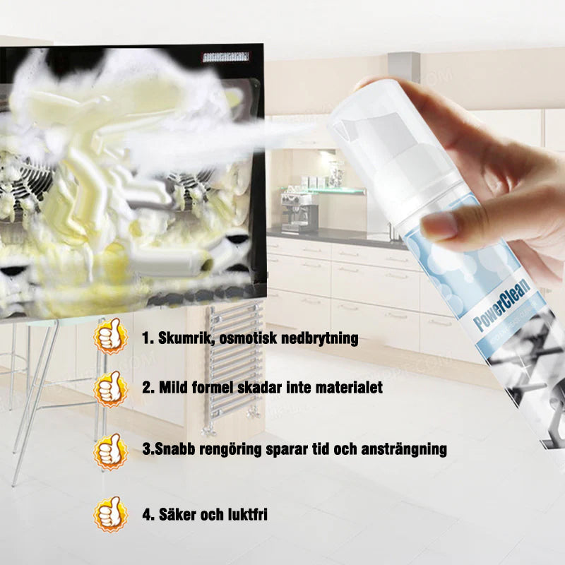 "Skummande rengöringsmedel för kökstvätt, grön flytande lösning i sprayflaska. Effektivt mot fett och fläckar."