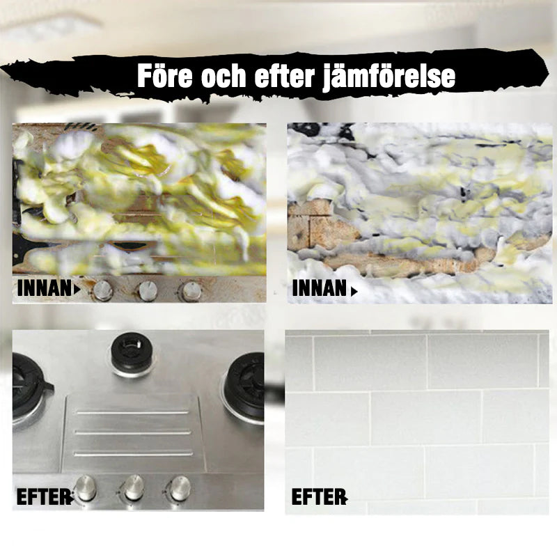 "Skummande rengöringsmedel för kökstvätt, grön flytande lösning i sprayflaska. Effektivt mot fett och fläckar."