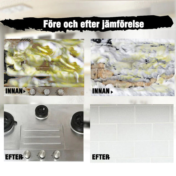"Skummande rengöringsmedel för kökstvätt, grön flytande lösning i sprayflaska. Effektivt mot fett och fläckar."