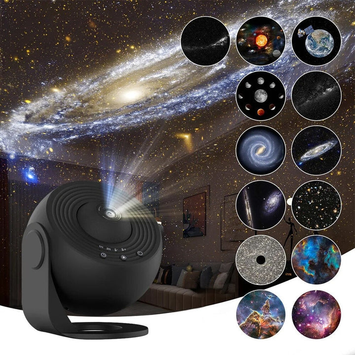 "SkyFlick Stjärnprojektor för hemmet, projicera 13 galaxer i HD, rund form, stämningsfull belysning i svart och vit."