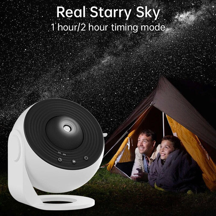 "SkyFlick Stjärnprojektor för hemmet, projicera 13 galaxer i HD, rund form, stämningsfull belysning i svart och vit."