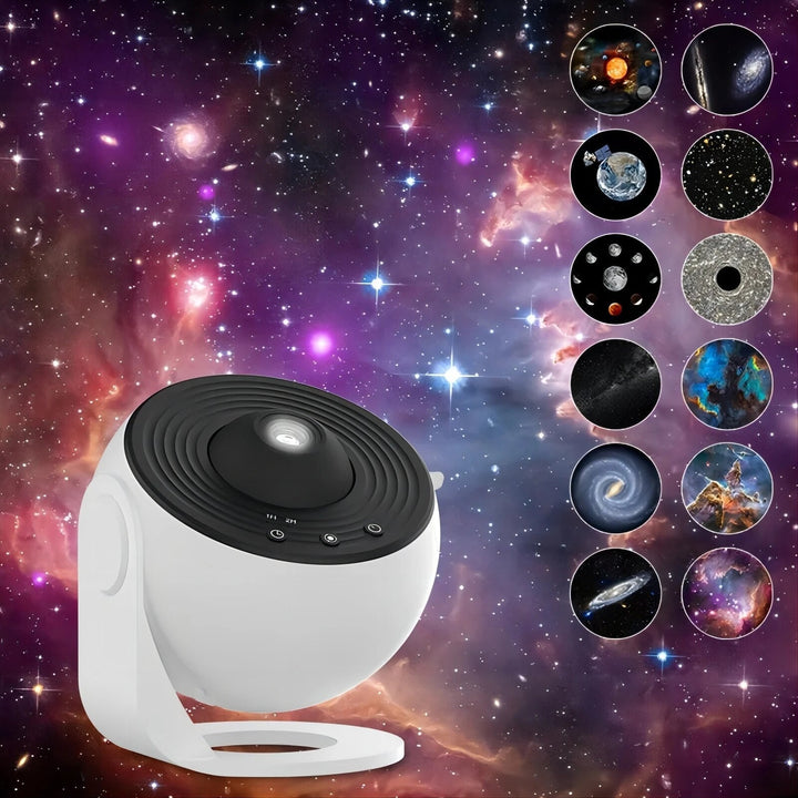 "SkyFlick Stjärnprojektor för hemmet, projicera 13 galaxer i HD, rund form, stämningsfull belysning i svart och vit."