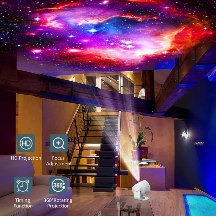 "SkyFlick Stjärnprojektor för hemmet, projicera 13 galaxer i HD, rund form, stämningsfull belysning i svart och vit."