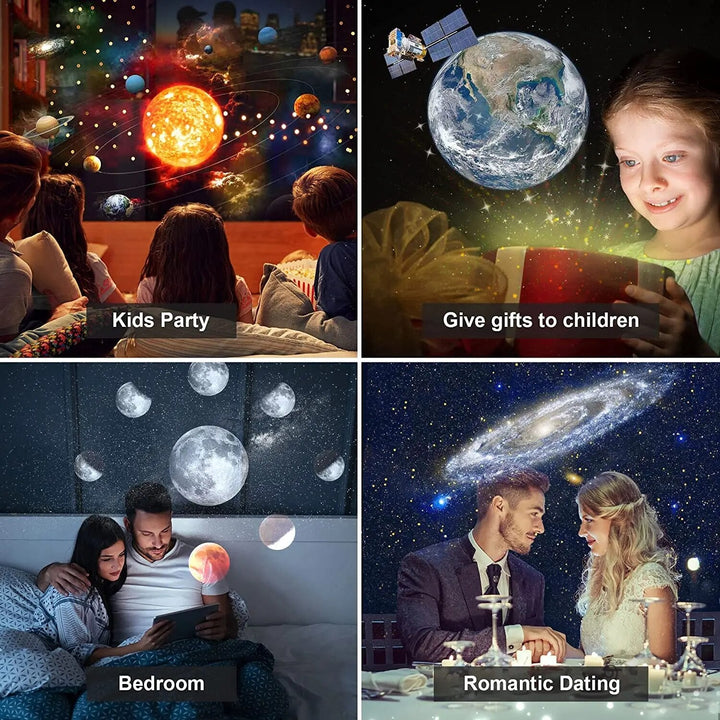 "SkyFlick Stjärnprojektor för hemmet, projicera 13 galaxer i HD, rund form, stämningsfull belysning i svart och vit."