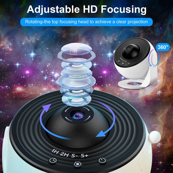 "SkyFlick Stjärnprojektor för hemmet, projicera 13 galaxer i HD, rund form, stämningsfull belysning i svart och vit."