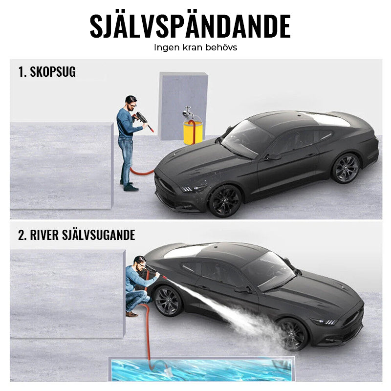 "Sladdlös bärbar högtryckstvätt på uteplats, kompakt design, två munstycken, idealisk för bilvård och trädgårdsrengöring."