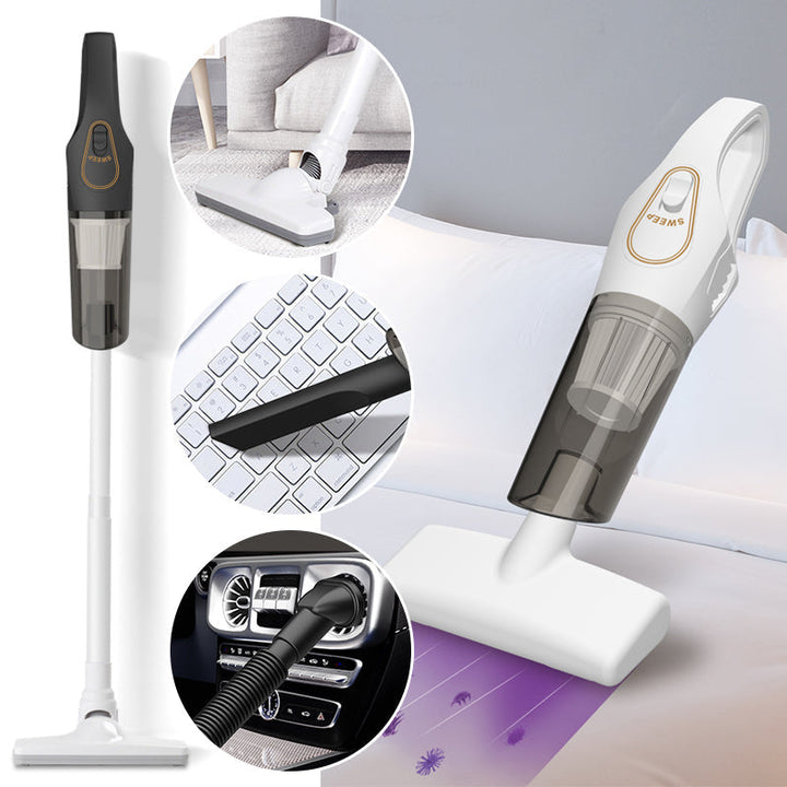 Sladdlös handdammsugare, vit/svart, för hem och bil, lätt och ergonomisk design för snabb städning av svåråtkomliga områden.
