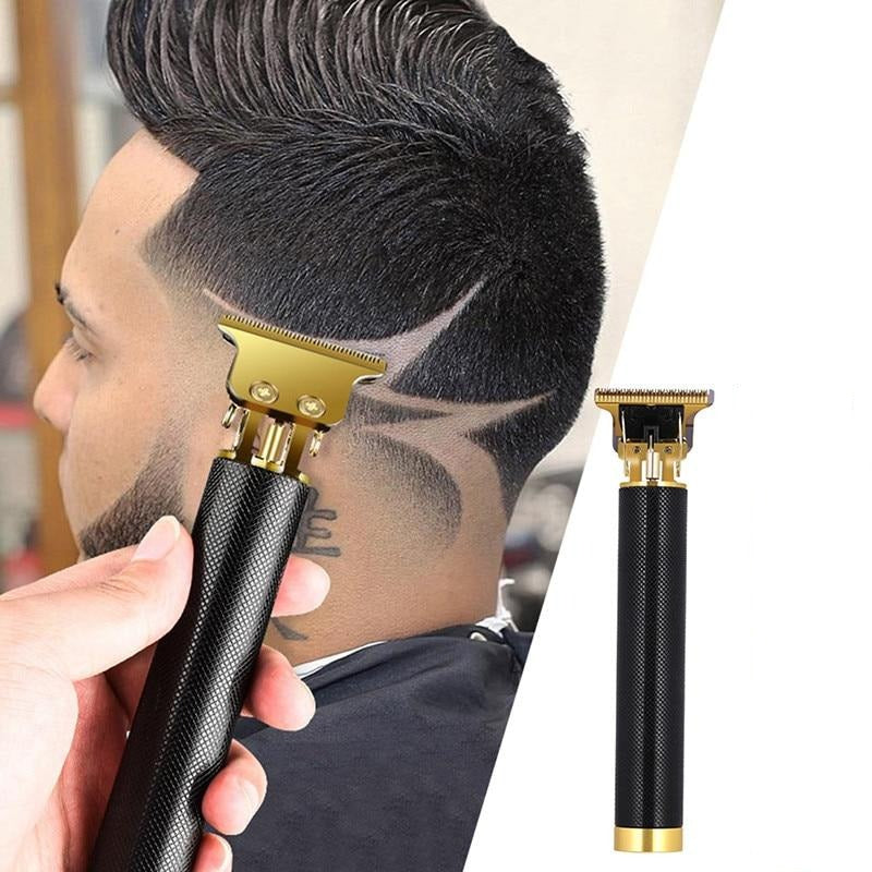 "Sladdlös hårtrimmer för män med skarp, säker design; ergonomisk svart och guld finish för enkel, effektiv hårvård"