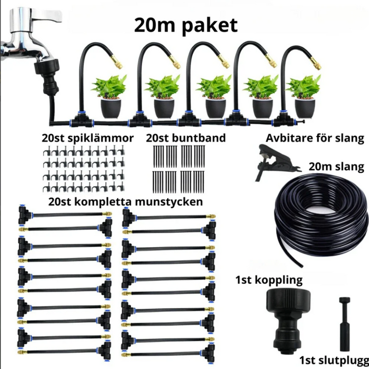 "Smart bevattningssystem med automatisk timer, enkel installation, robust design för effektiv trädgårdsbevattning."