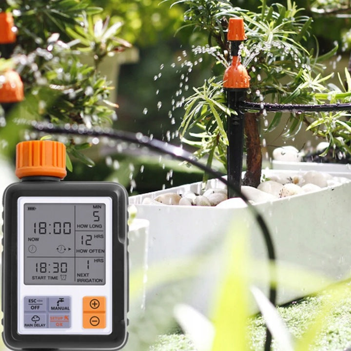 "Smart bevattningssystem med automatisk timer, enkel installation, robust design för effektiv trädgårdsbevattning."
