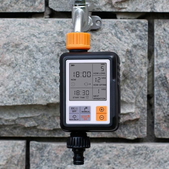 "Smart bevattningssystem med automatisk timer, enkel installation, robust design för effektiv trädgårdsbevattning."